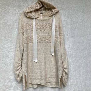 Free People Hoodie XS Beige Knit Hoodie Candy Crochet Long Sleeve Tunic Sz Small